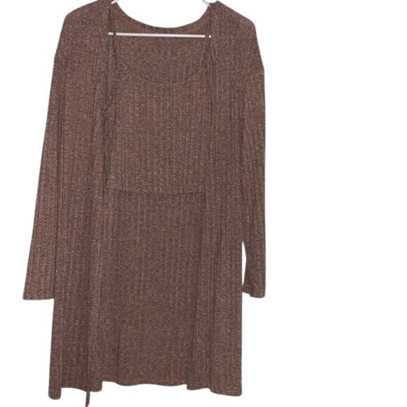 Brown Ribbed 2-Piece Set: Long Cardigan & Top - Size S - Picture 1 of 10